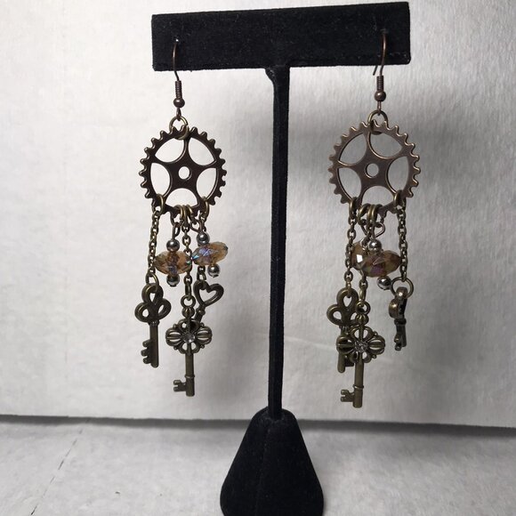 Handmade Brown Earrings with Gears and Keys Steampunk Dangle Jewelry - Picture 1 of 4